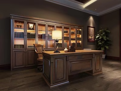 Traditional Wooden Desk With Large Bookshelf Books Table Lamp Chair And Potted Plant In Study 3d model