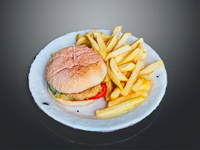 Delicious Hamburger With Sesame Bun Fresh Vegetables And Crispy French Fries On White Plate 3d model