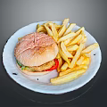 Delicious Hamburger With Sesame Bun Fresh Vegetables And Crispy French Fries On White Plate