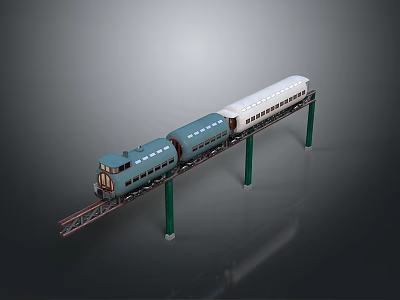 Model Train With Blue And White Carriages On Elevated Green Pillar Track Dark Background 3d model