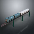 Model Train With Blue And White Carriages On Elevated Green Pillar Track Dark Background