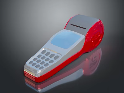 Red And Silver Handheld Computer Terminal Featuring Keyboard Display Screen And Receipt Printer 3d model