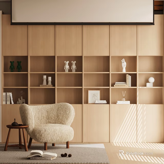 Cozy Study Room with Light Wood Bookshelves Plush Chair Side Table Books and Natural Light 3d model 