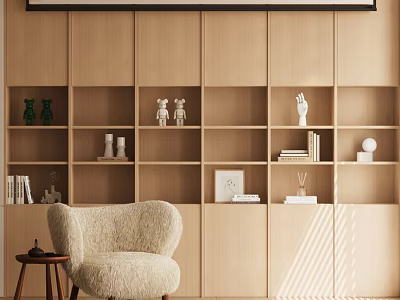 Cozy Study Room with Light Wood Bookshelves Plush Chair Side Table Books and Natural Light 3d model