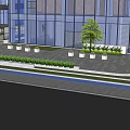 Commercial Landscape With Modern Glass Curtain Wall Entrance Canopy Golden Sculpture Trees And Paved Plaza