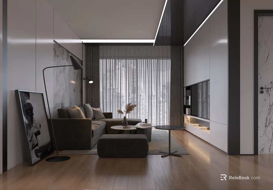 Modern Living Dining Room Interior Design With Sofa Coffee Table And Floor Lamp 3d model 
