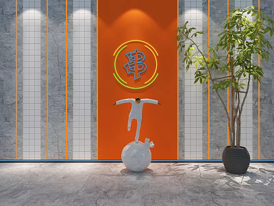 Orange Background Wall With Circular Han Character Logo Gray Tiles Lighting White Sculpture Green Plant 3d model