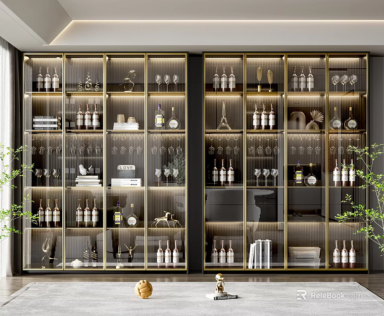 Elegant Modern Wine Cabinet With Glass Doors Gold Frame Wine Bottles Glasses And Decorations 3d model 