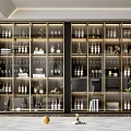Elegant Modern Wine Cabinet With Glass Doors Gold Frame Wine Bottles Glasses And Decorations