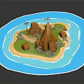 Cartoon Island Scene Featuring Blue Water Green Grass Orange Rocks Palm Trees and Sand Beach