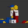 Lego Figures In Blue Red Overalls With Scattered Building Blocks And Parts