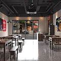 Modern Hotpot Restaurant Interior With Wooden Tables Benches Pendant Lights And Fresh Food Posters
