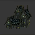 Unique Wooden House With Pointed Roofs Green Lit Windows And Shiny Reflections