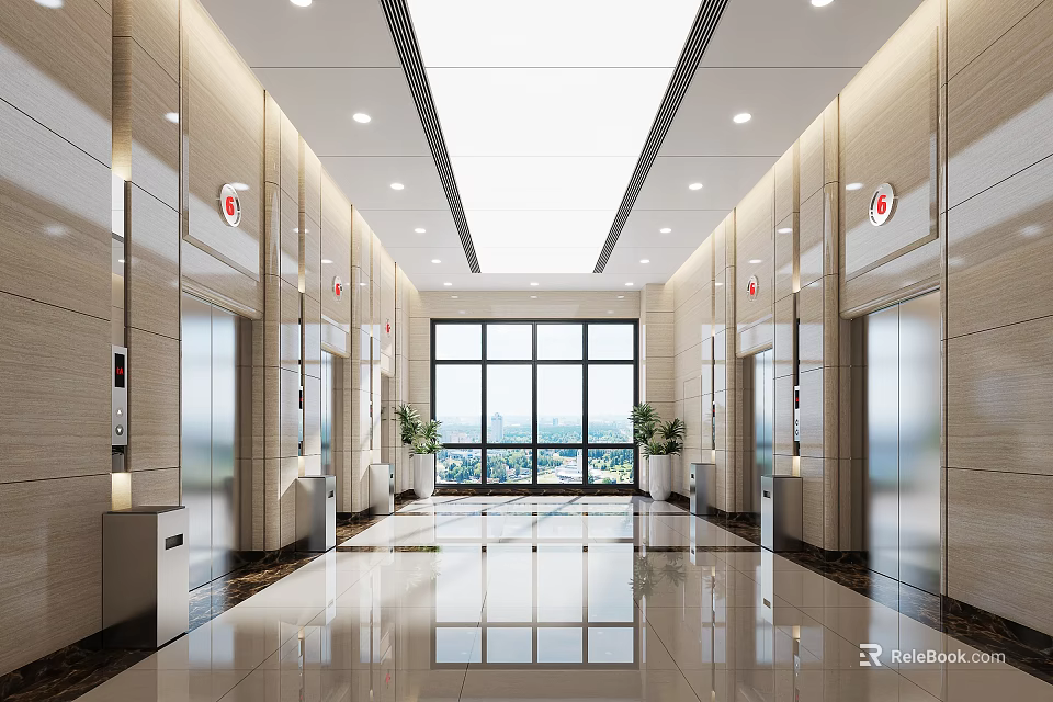 Modern Elevator Lobby With Marble Walls Large Windows Green Plants And Polished Floors 3d model 