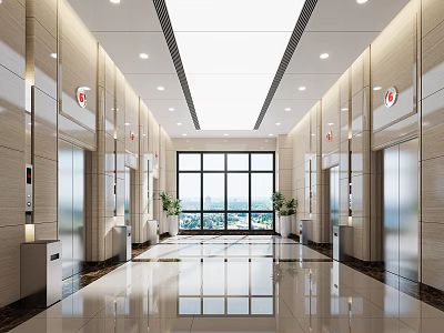 Modern Elevator Lobby With Marble Walls Large Windows Green Plants And Polished Floors 3d model