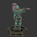 Game and Movie Character in Ornate Armor Holding Large Hammer on Hexagonal Platform