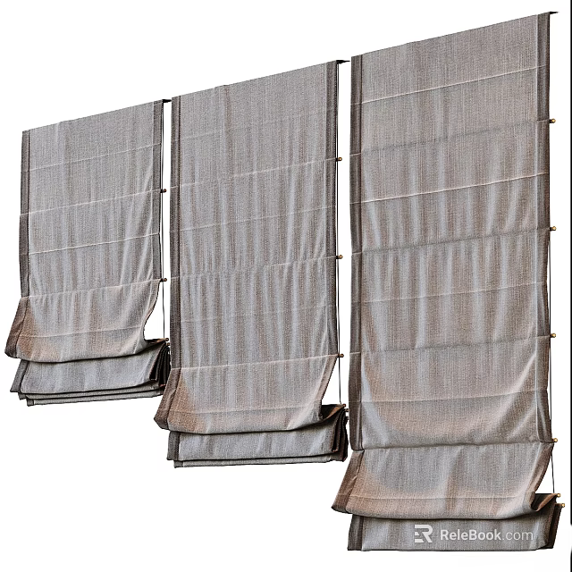 Gray Textured Linen Curtains Folded And Hung Side By Side In Multiple Panels 3d model