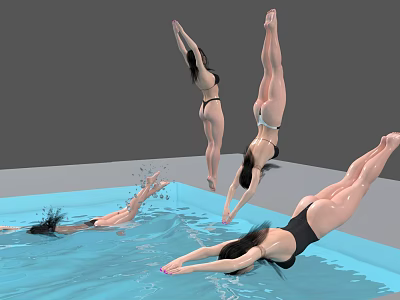 Women Diving And Swimming In Pool With Splashing Water And Swimwear 3d model