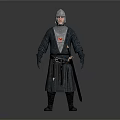 Man Dressed In Medieval Knight Armor With Helmet And Long Robe Holding Sword