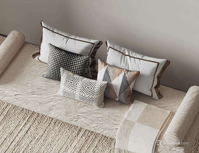 Geometric Pattern Throw Pillows On Beige Sofa With Knit Blanket 3d model