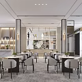 Modern Elegant Lounge Area with Tables Chairs Green Plants Mirror Windows and Bookshelves
