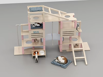 Multi Level Wooden Cat Tree With Pink Accents Cat Bed And Ladder Platforms 3d model