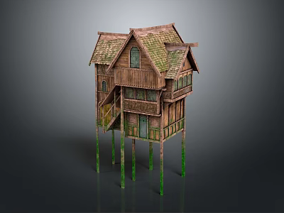 Stilted Wooden House With Mossy Roof Green Stilts And Balcony Staircase 3d model