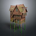 Stilted Wooden House With Mossy Roof Green Stilts And Balcony Staircase