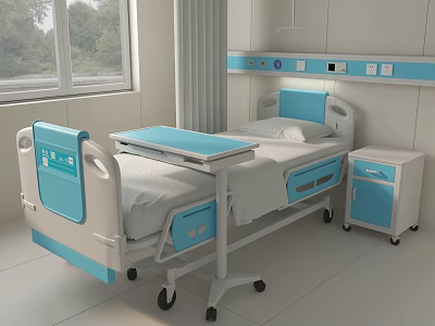 Hospital Ward Interior With Blue Accent Hospital Bed Bedside Cabinet And Green View Window 3d model
