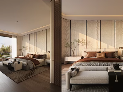 Modern Bedroom Interior Design With Wooden Wall Paneling Large Bed And Natural Light 3d model