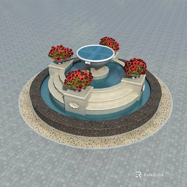Circular Garden Fountain With Red Flowers Tiered Structure And Paved Base 3d model 