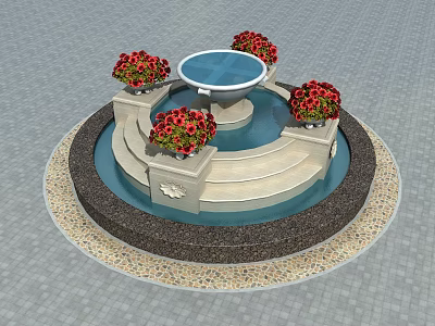 Circular Garden Fountain With Red Flowers Tiered Structure And Paved Base 3d model