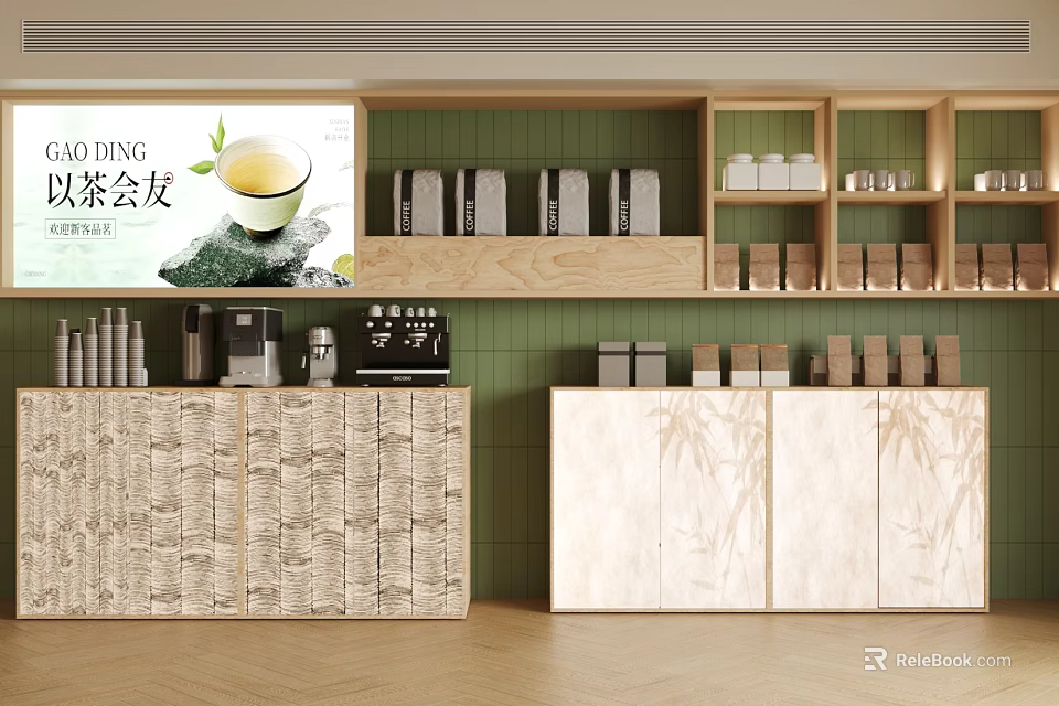 Traditional Tea Café Interior With Wooden Display Shelves Coffee Machine And Tea Products 3d model 