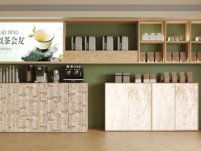 Traditional Tea Café Interior With Wooden Display Shelves Coffee Machine And Tea Products 3d model