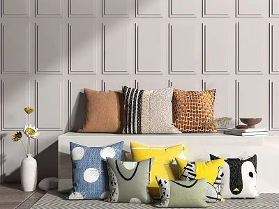 Colorful Decorative Throw Pillows With Diverse Patterns On White Sofa In Living Room 3d model