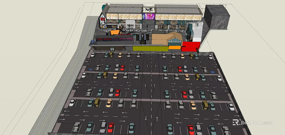 Spacious Commercial Parking Lot With Well Arranged Vehicles Near Shopping Center 3d model 