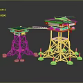 Blue And Orange Tower Structures With Top Platforms Helicopter And White Base Supports 3d model