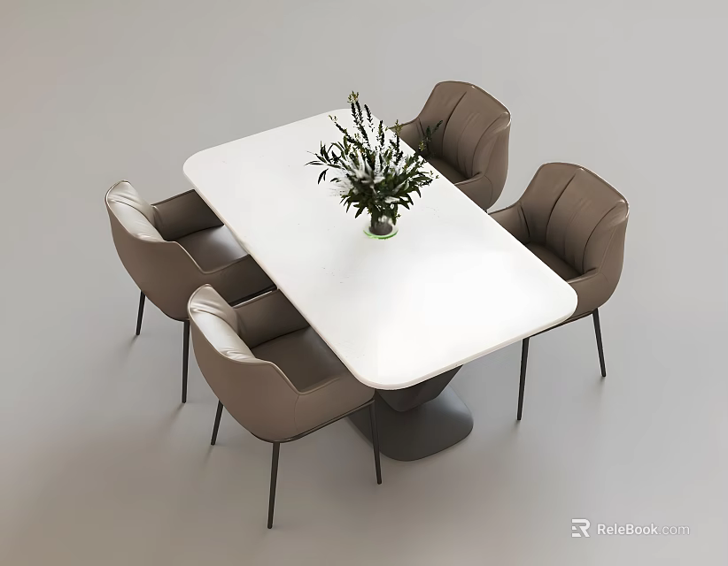 Modern White Rectangular Dining Table Set With Beige Upholstered Chairs And Green Plant 3d model