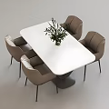 Modern White Rectangular Dining Table Set With Beige Upholstered Chairs And Green Plant 3d model