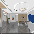 Modern Dental Clinic Reception Area With Blue Accent Wall Sofa Chandelier And Decorative Plant