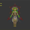 Fantasy Woman Character With Ornate Purple Blue Costume Golden Headdress And Halo Like Back Decoration