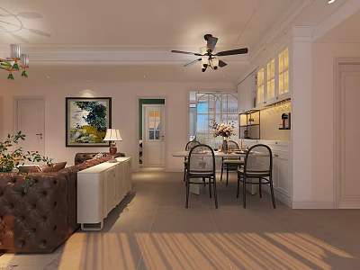 Cozy Modern Open Plan Living And Dining Room Interior Design With Leather Sofa And Dining Set 3d model