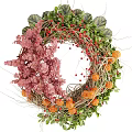 Decorative Wreath With Pink Flowers Green Leaves Red Berries And Orange Pumpkins