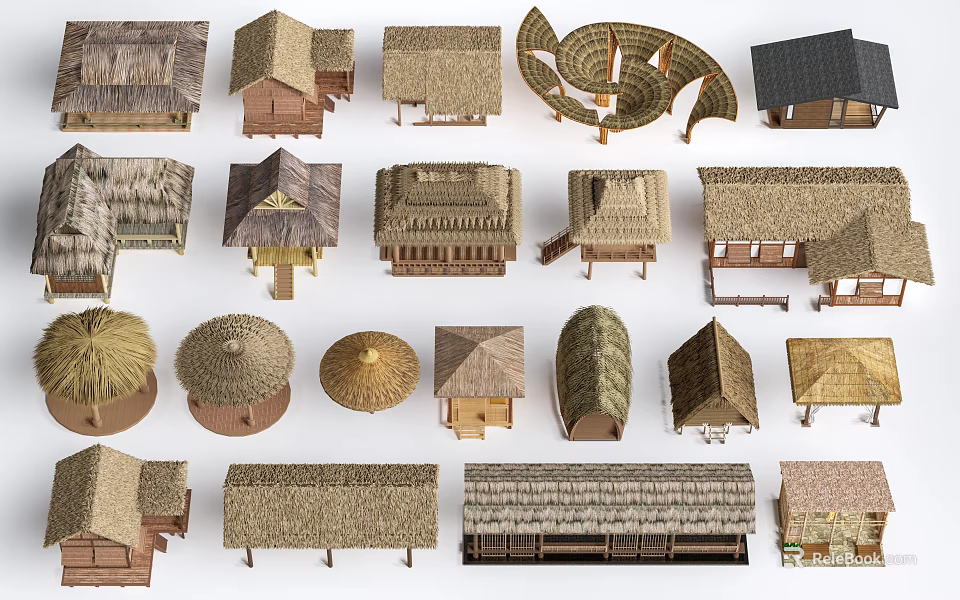 Traditional Thatched Roof House Models In Various Architectural Styles And Designs 3d model 