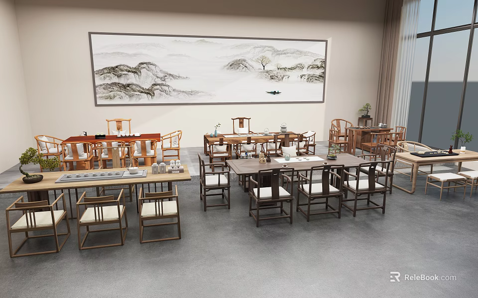 Traditional Chinese Tea Table and Chairs Set in Interior Space With Landscape Painting 3d model 
