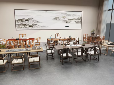 Traditional Chinese Tea Table and Chairs Set in Interior Space With Landscape Painting 3d model