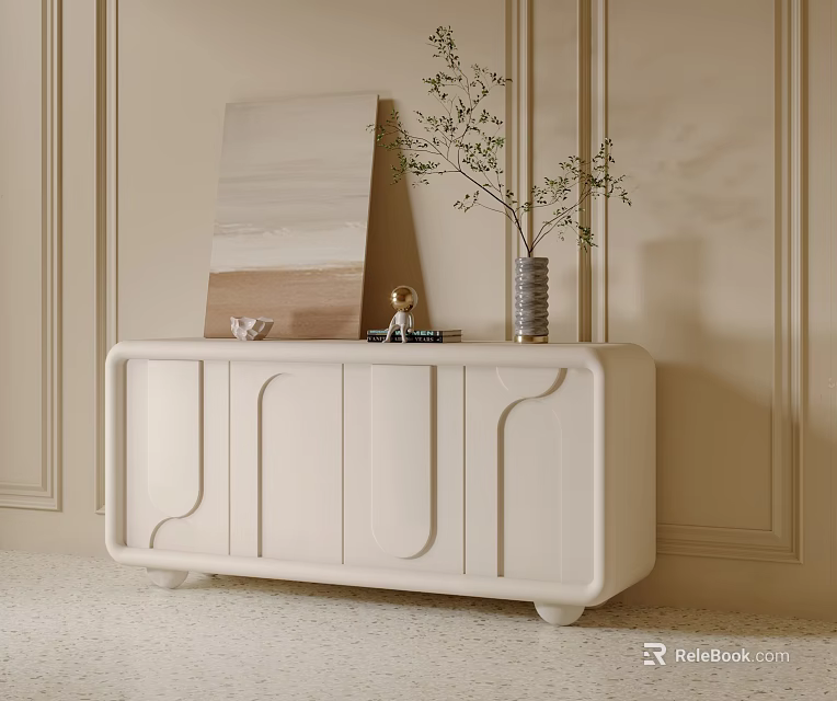 Minimalist Modern Entryway Cabinet Design With Beige Finish And Vase Artwork 3d model 