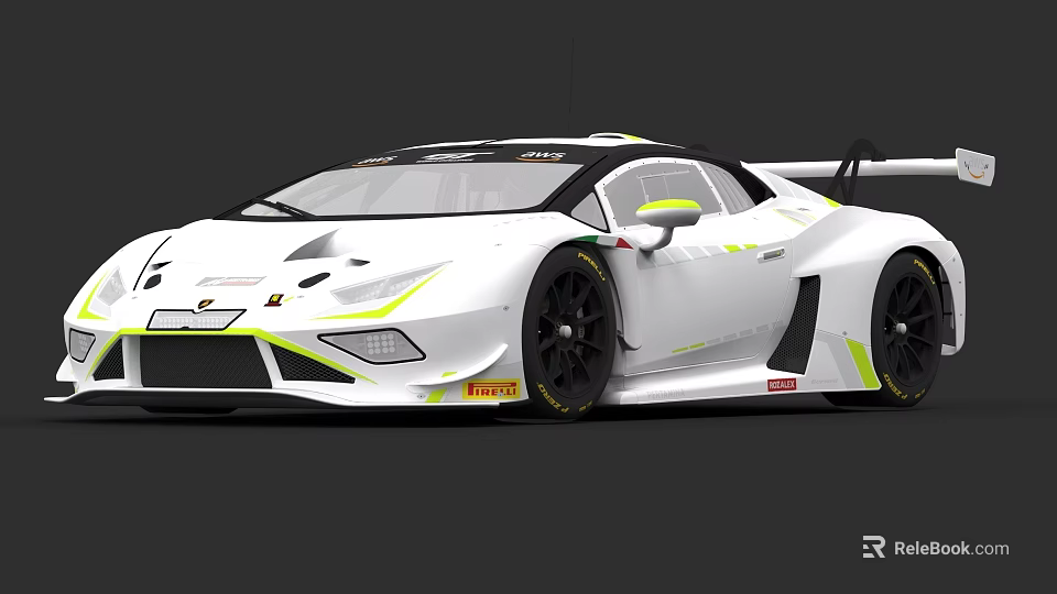 White Sports Car With Yellow Accent Stripes Rear Spoiler And Pirelli Tires 3d model 