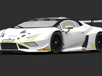 White Sports Car With Yellow Accent Stripes Rear Spoiler And Pirelli Tires 3d model