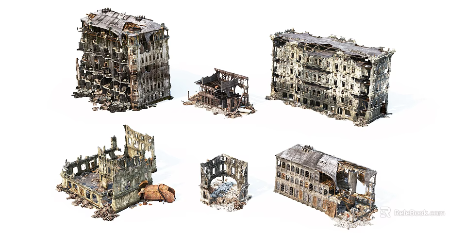 Fire Damaged Ruined Architectural Components With Broken Walls And Collapsed Frames 3d model 
